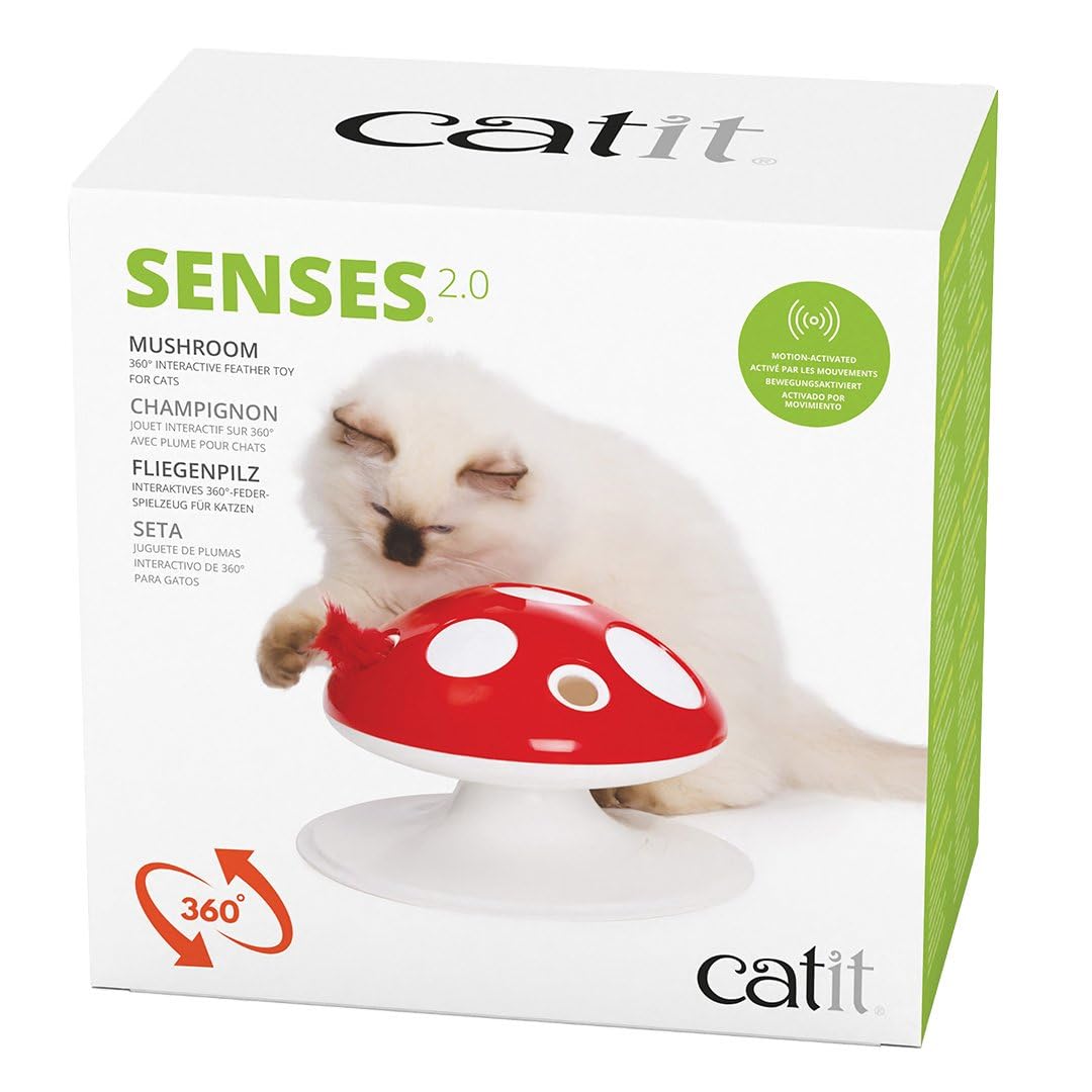 Catit Senses 2.0 Mushroom - 360 Degree Interactive Feather Toy For Cats With Two Play Modes