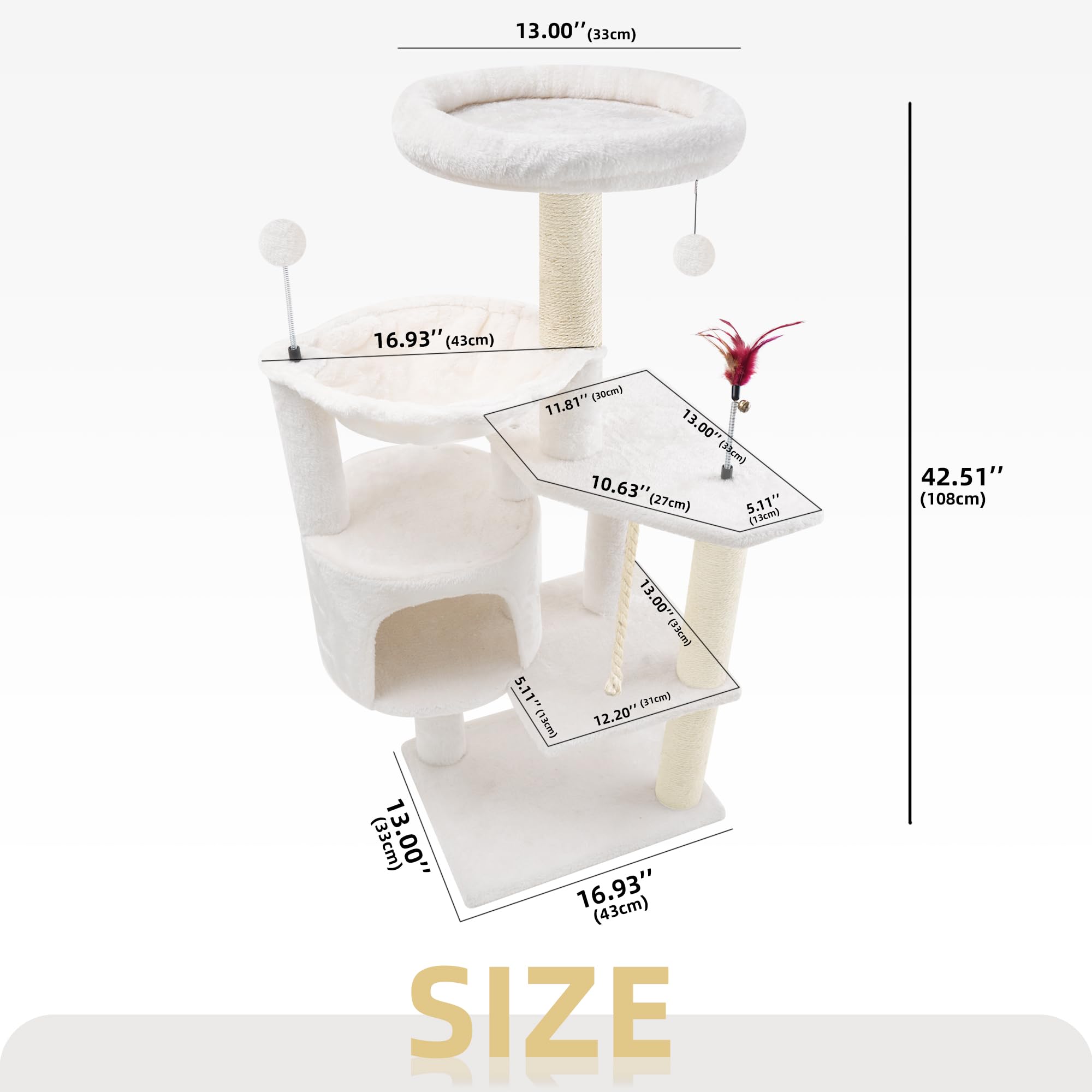 Twdepart 42.5'' Cat Tree For Indor Cats, Multifunctional Cat Tower With Cozy Condo, Perches, Scratching Posts And Hammock, Beige