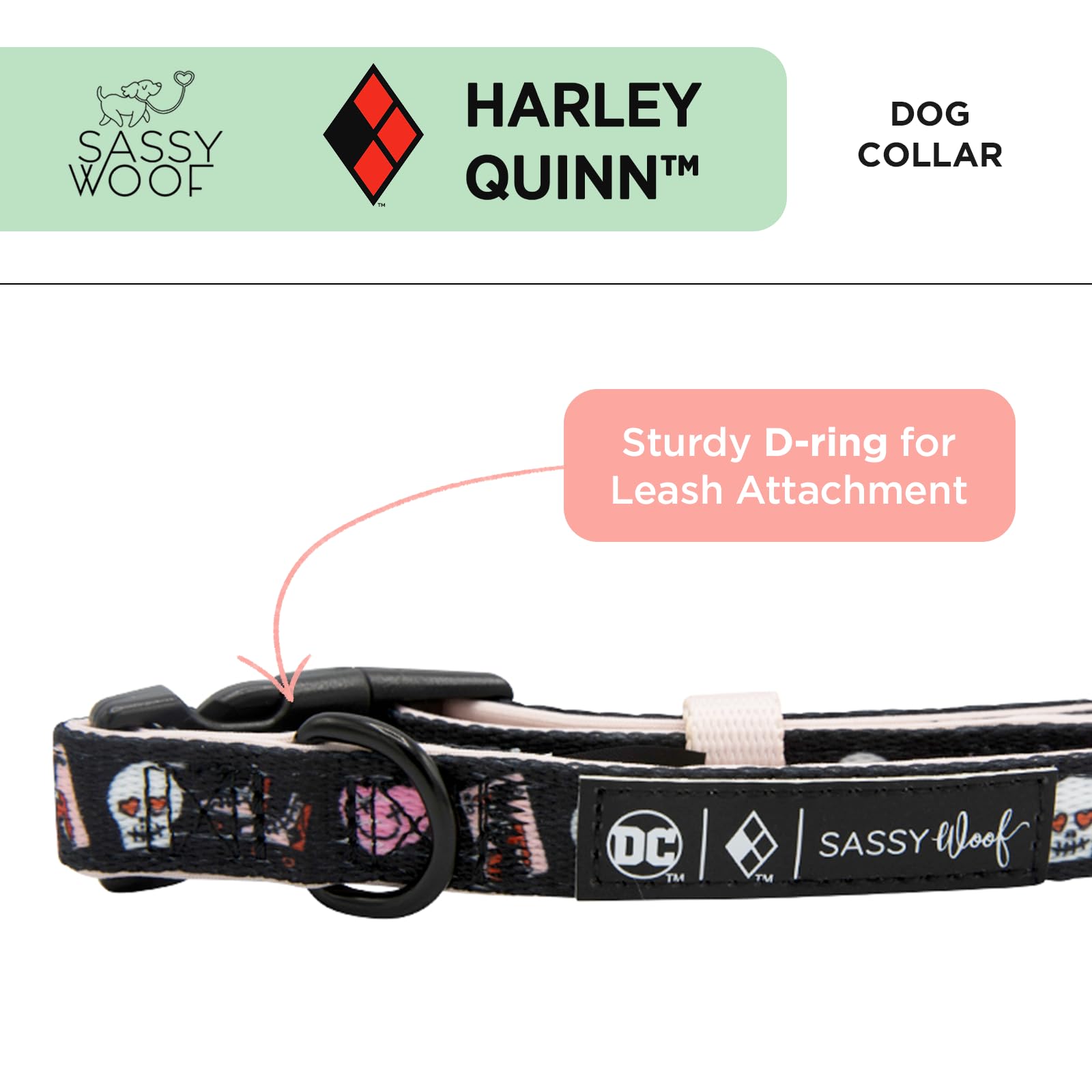 Sassy Woof Dog Collar Harley Quinn - L, Adjustable, Durable, Comfortable And Stylish Pet Accessories For Large Dogs - Officially