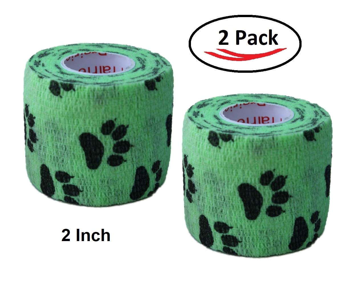 Vet Wrap Wrap Tape (Green with Paw Prints) (2 Pack) (3 Inch x 15 feet) Self Adhesive Adherent Adhering Cohesive Flex Self Stick