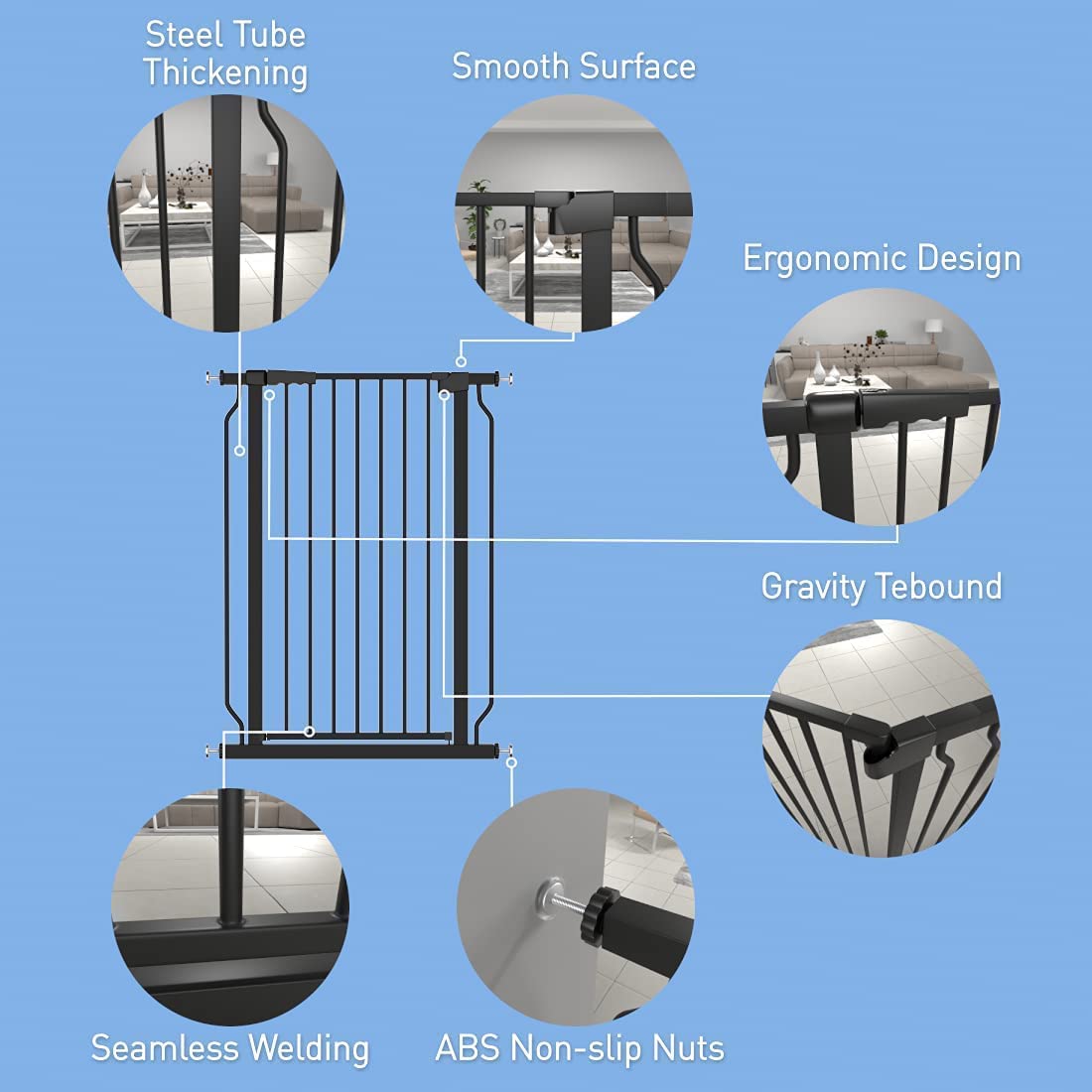 WAOWAO Extra Tall 40.55'' Baby Gate 29.92-63.38'' Wide Pressure Mounted Walk Through Swing Auto Close Safety Black Metal Toddler