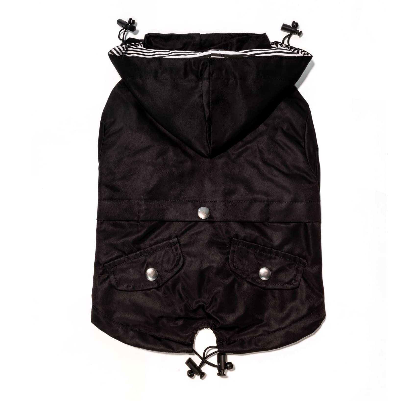 Ellie Dog Wear Midnight Black Zip Up Dog Raincoat With Reflective Buttons, Pockets, Rain/Water Resistant, Adjustable Drawstring,
