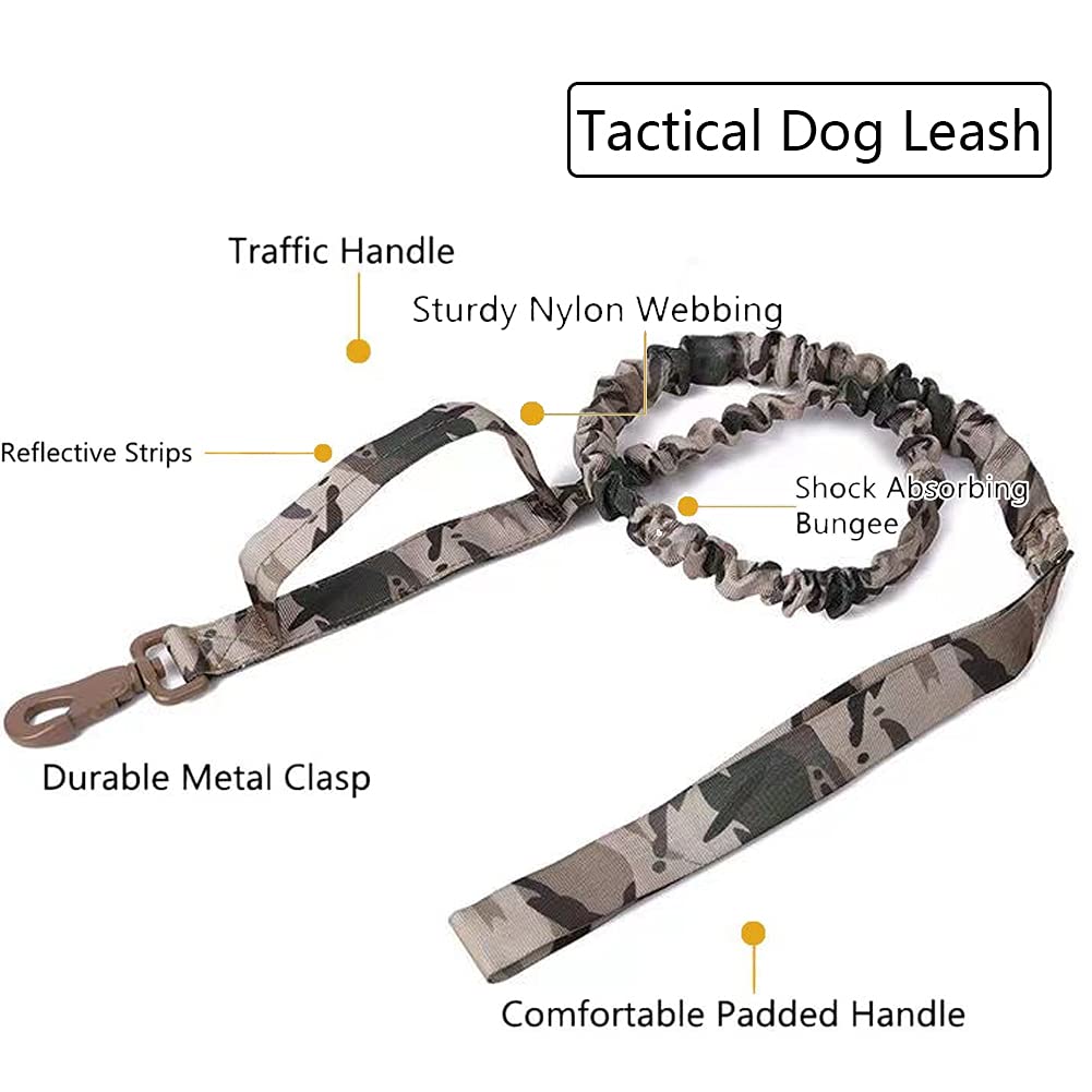 Tactical Dog Collar And Leash Set Tactical Dog Collar With Handle Bungee Leash Adjustable Military Training Nylon Collar Dog Training Collar Leash Set With Control Handleand Metal Buckle (Camo S