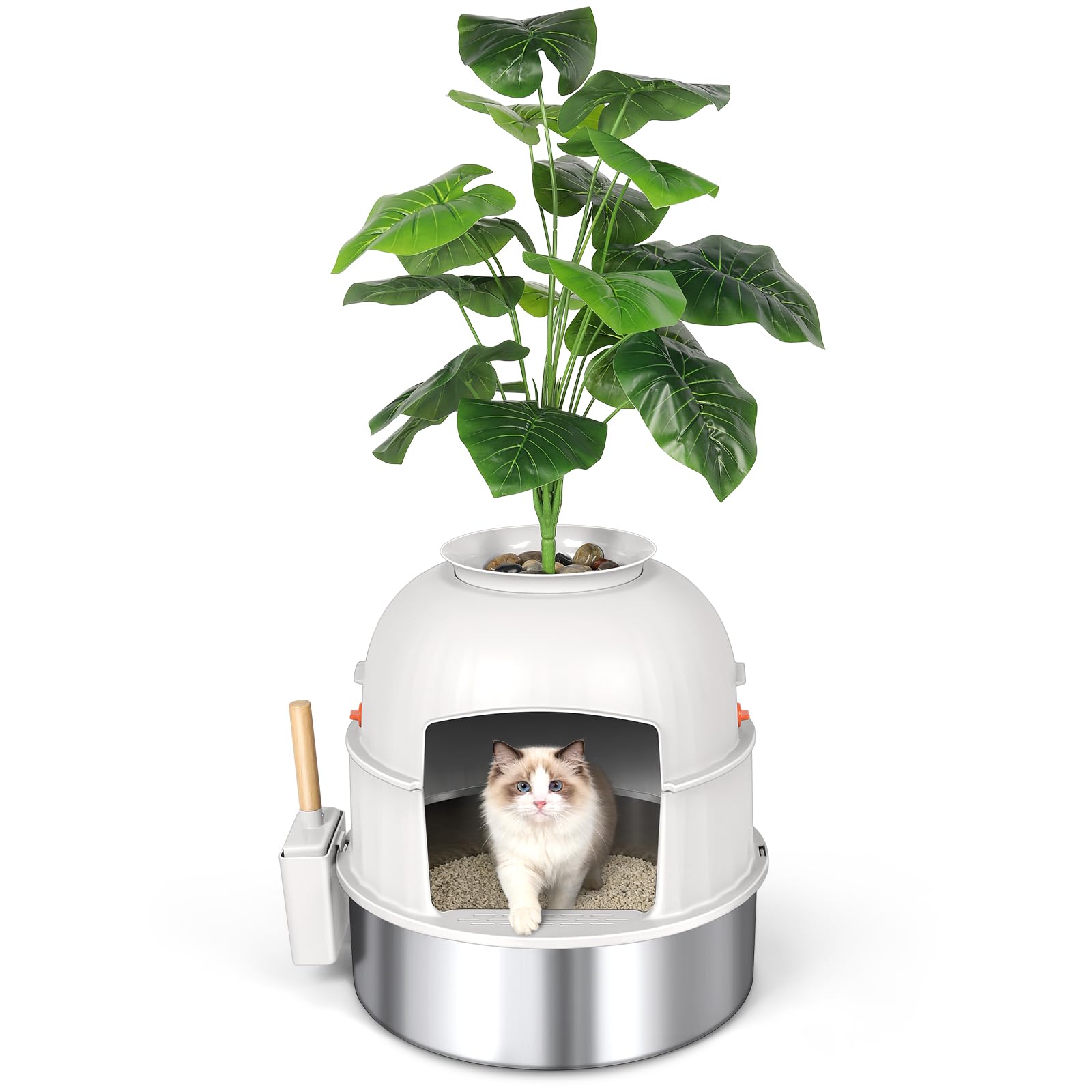 Bartuke Hidden Cat Litter Box Enclosure with Artificial Plant, Stainless Steel Litter Box Furniture, Decorative Round Planter In
