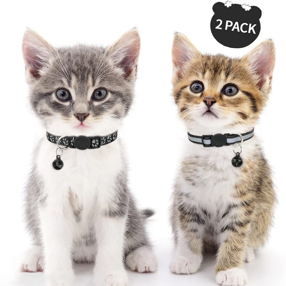 Taglory Reflective Cat Collars Breakaway With Bell, 2 Pack Girl Boy Pet Kitten Collar Adjustable 6-8 Inch, Black