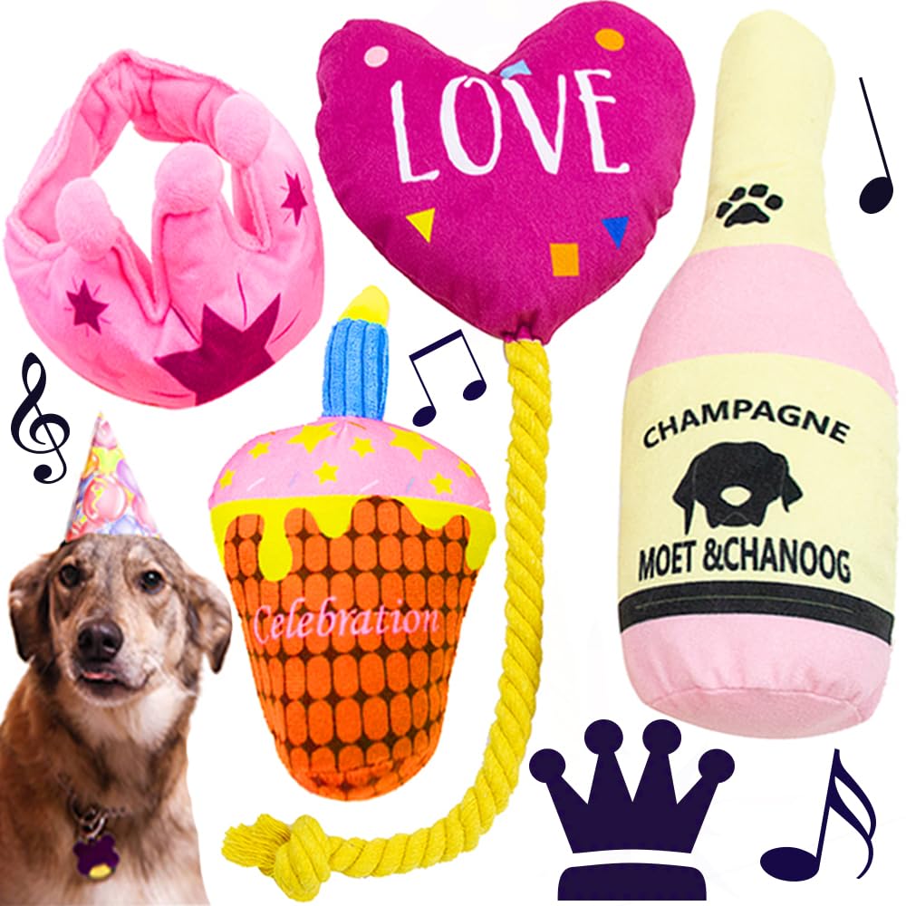 Party Gift Champagne, Crown, Balloon, Cake Dog Chew Happy Birthday Interactive Plush Pet Toys For All Breeds, Pink Version