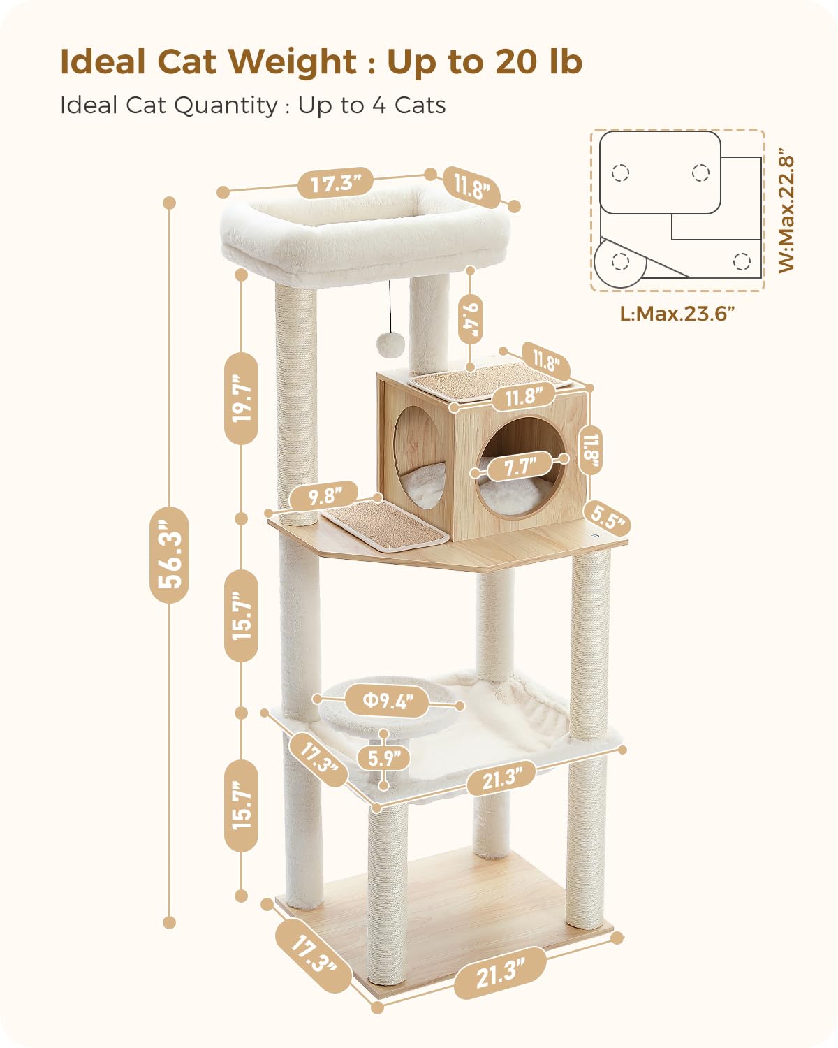Petepela Wood Cat Tree For Indoor Cats Multi-Level Tower With Sisal Covered Scratching Posts, Cozy Condo, Super Large Hammock An