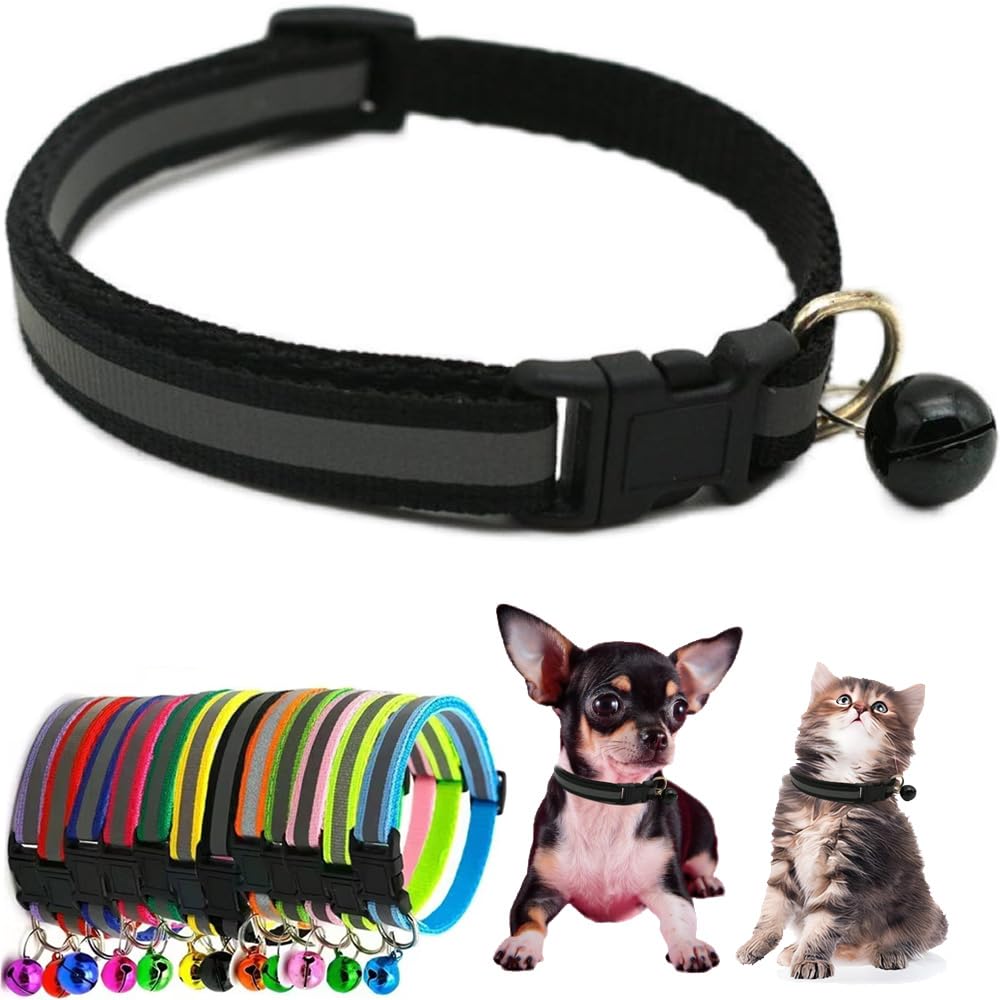 Black Xs Dog Collar With Bell, Reflective Puppy Collars With Bell Soft Adjustable Buckle For Xs Extra Small Puppies Female Male 
