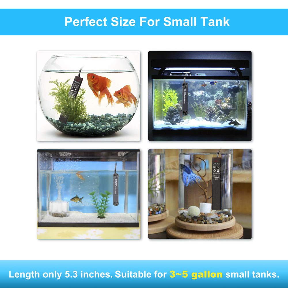 Datoo 25W Mini Aquarium Heater Betta Small Fish Tank Heater Submersible 3 To 5 Gallon, 1 Yr Warranty