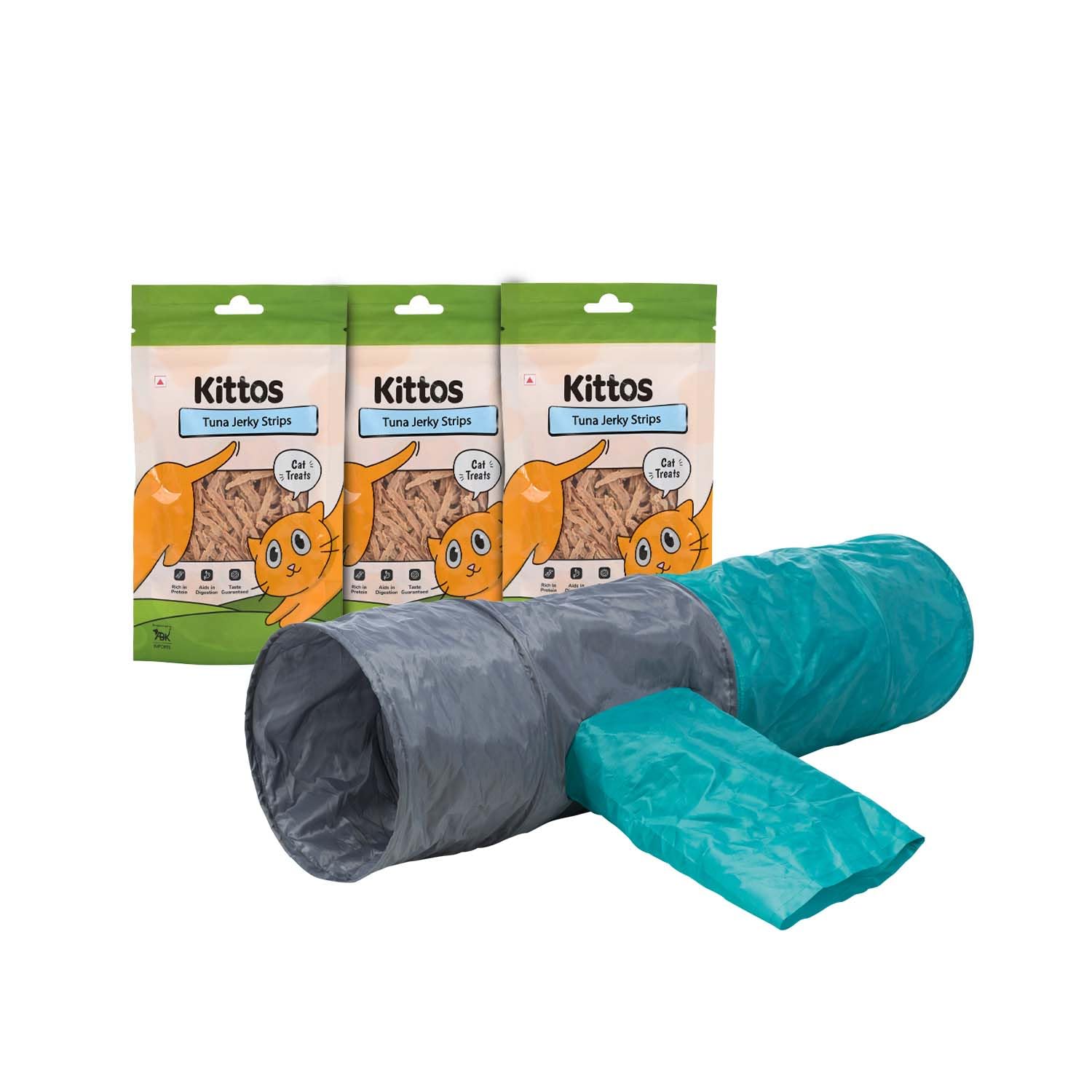 Combo Of Trixie Cat Tunnel For Cats & Kittens, Interactive Cat Tunnel Toy For Indoor & Outdoor Play With 3 Pack Kittos Tuna Jerk