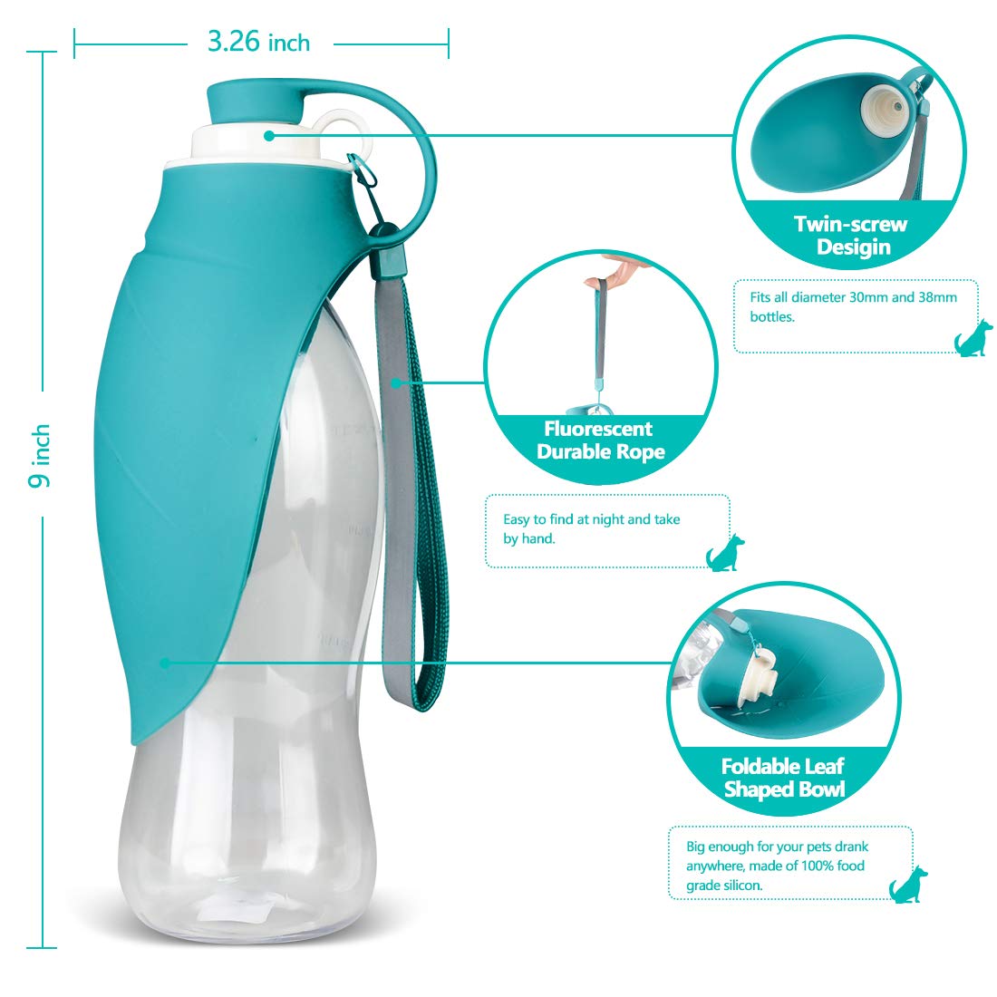 Tiovery Dog Water Bottle For Walking, Pet Water Dispenser Feeder Container Portable With Drinking Cup Bowl Outdoor Hiking, Travel For Puppy, Cats, Hamsters, Rabbits And Other Small Animals 20 Oz