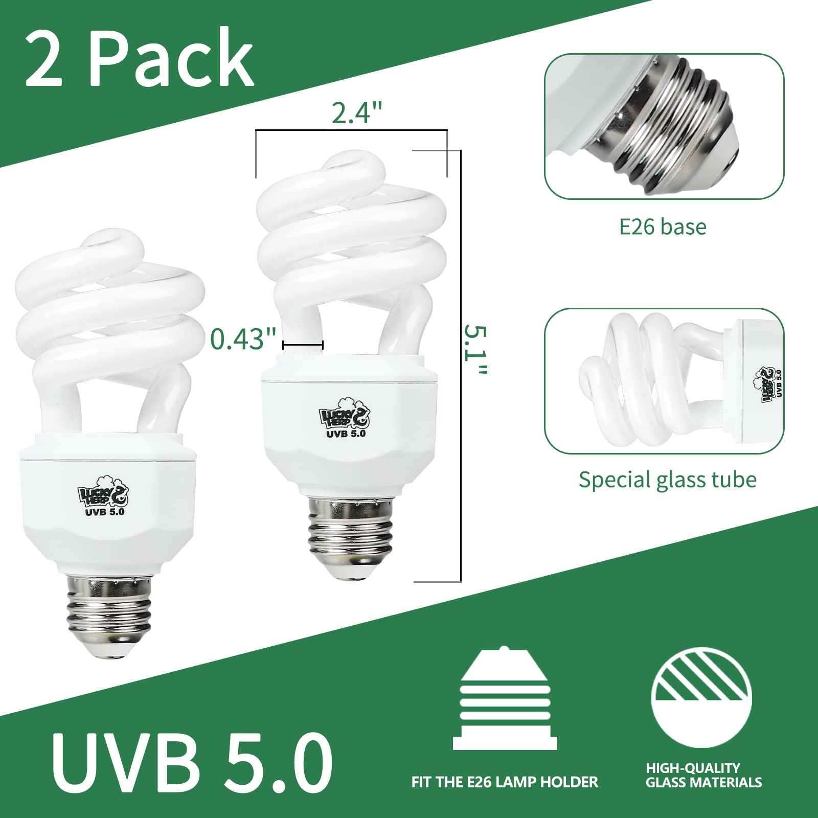 LUCKY HERP 2 Pack UVA UVB Reptile Light, 15W 5.0 UVB Bulb for Tropical and Sub Tropical Reptiles, Compact Fluorescent Terrarium
