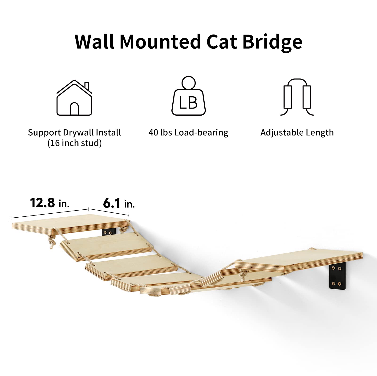 Fukumaru Cat Bridge Wall Mounted, 12.8-Inch Expanded Feline Perch & Climbing Steps For Custom Kitten Highway Systems, Multi-Level Wall Shelves Furniture