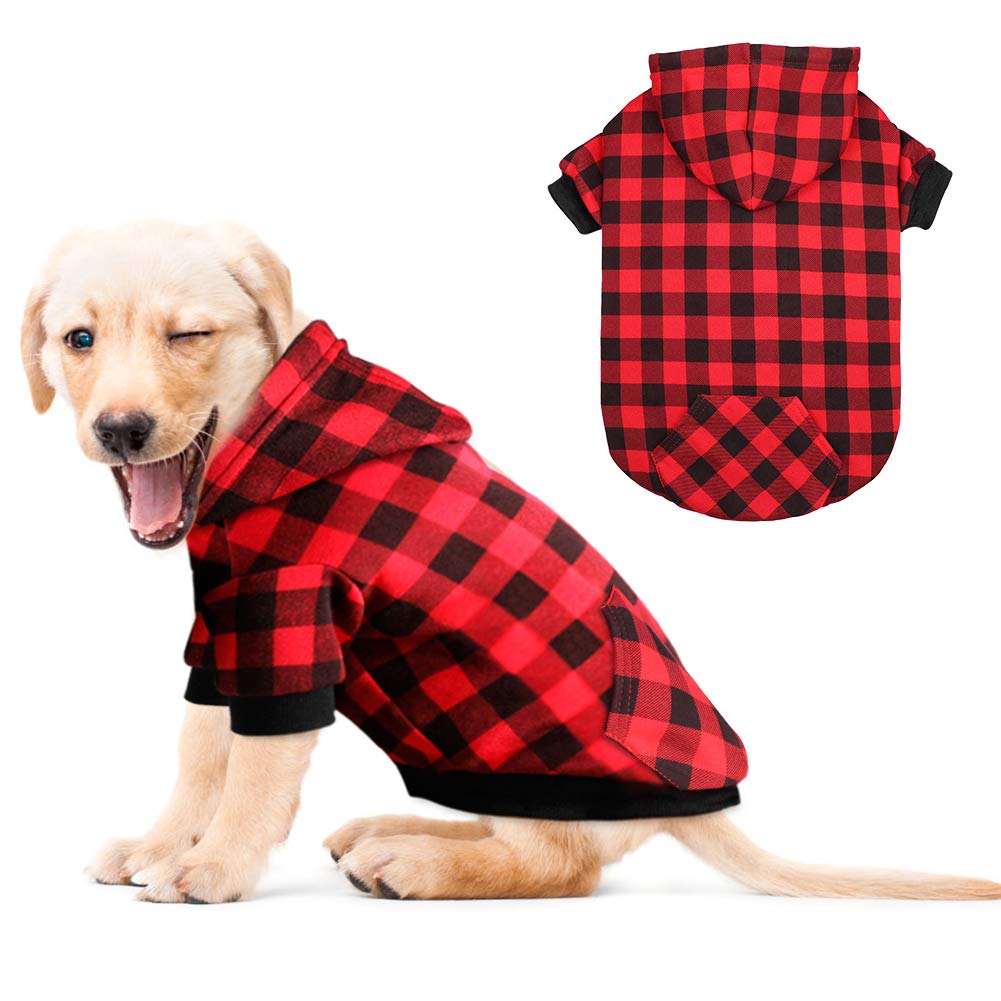 Red Plaid Dog Hoodie Sweater for Dogs Pet Clothes with Hat and Pocket(XS)