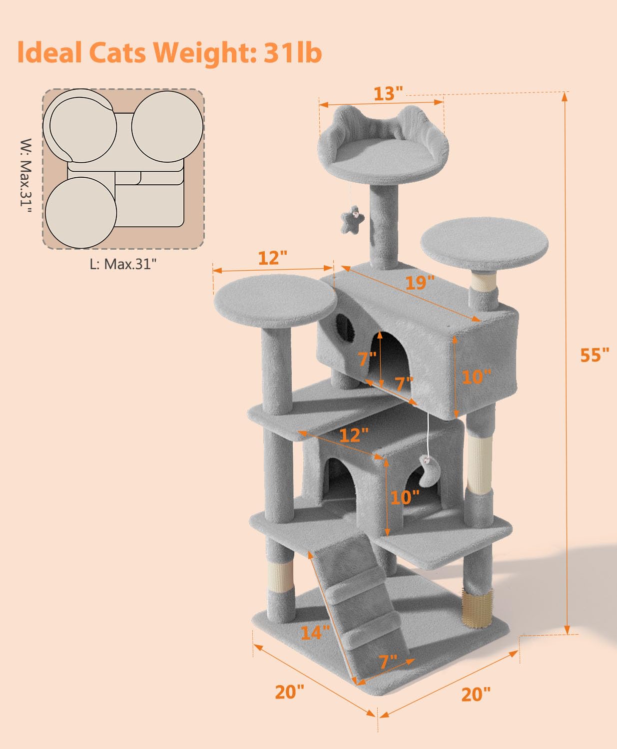 Os Motor 54'' Cat Tree Tower For Indoor Cats Large Adult,Cute/Tall Modern Cat Tree For Big Cats 20 Lbs, Plush Multi-Level Cat Co