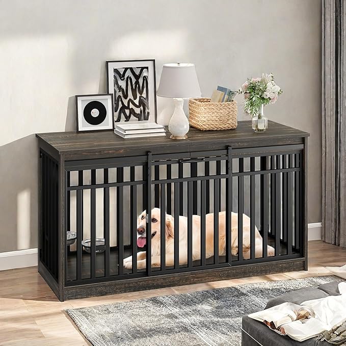 YITAHOME 55 Inch Large Dog Crate Furniture, Heavy Duty Wooden Dog Crate TV Stand with 2 Dog Bowls, Metal Dog Kennel Indoor Furni