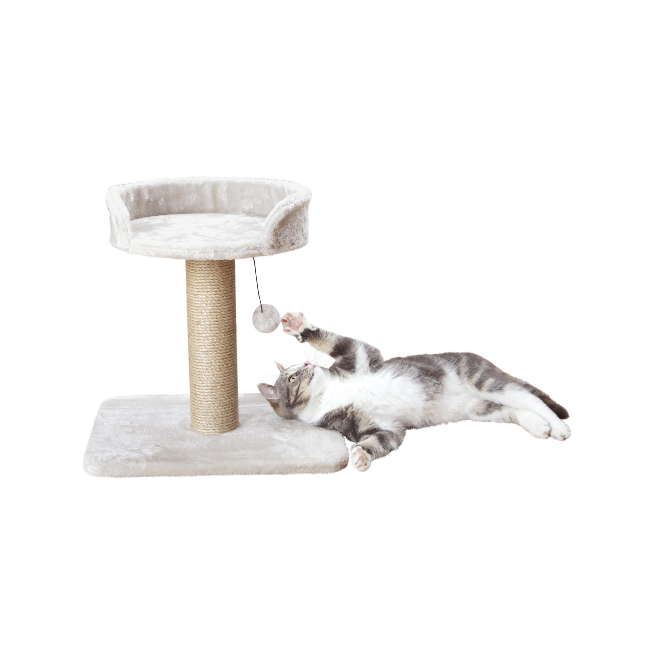 Trixie Mica Cat Scratching Post 18.1 Inch - Cat Scratcher With Soft Fabric Covering Base And Durable Sisal Rope - With Padded Platform & Dangling Cat Toy - In Greige