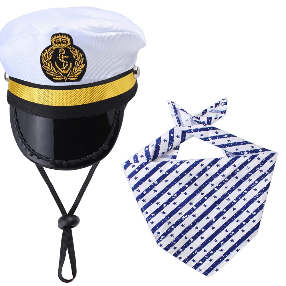 Yewong Pet Captain Sailors Costume Set Dog Cat Sea Captain Hat With Pet Anchor Triangle Bibs Scarf For Cat Puppy Navy Halloween Cosplay Costume Accessories Photo Props (White-K)