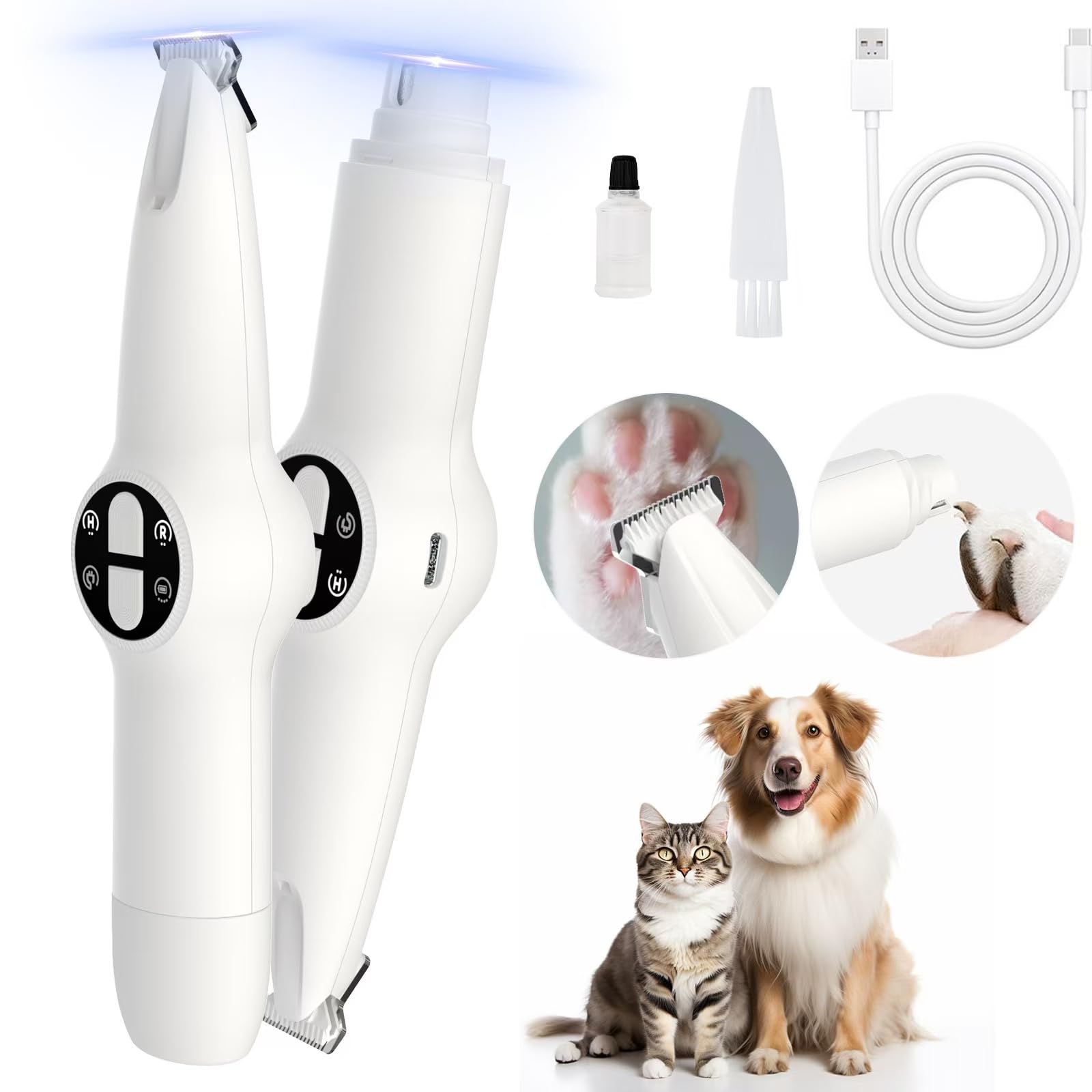 Dog Paw Trimmer With Led Light, Upgraded 2 In 1 Dog Grooming Kit, Cordless Pet Nail Trimmers Grinder With 3 Ports For Small Medi