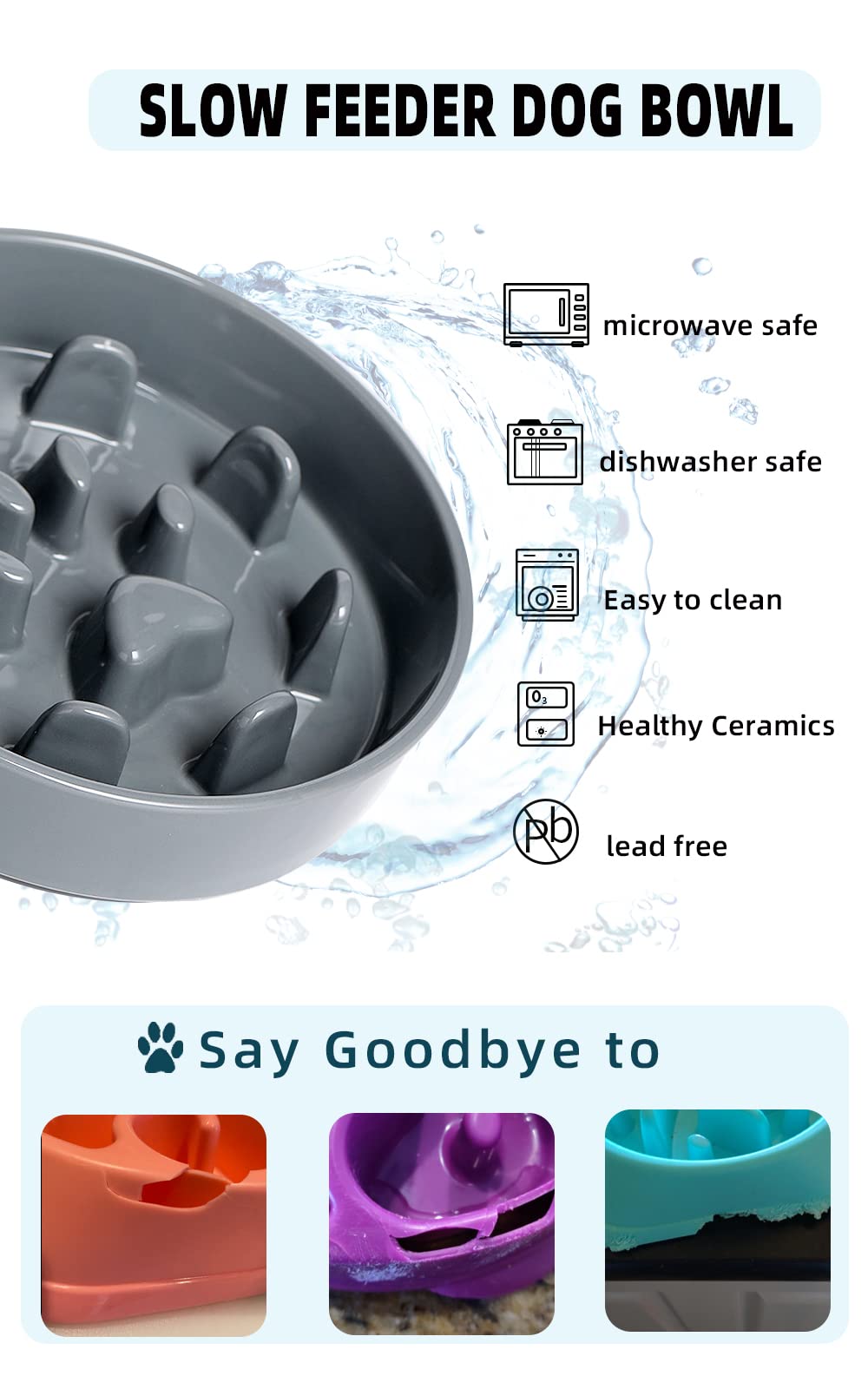 Slow Feeder Dog Bowls, Ceramic Fun Slow Eater Bowl For Small Medium Breed (Grey)