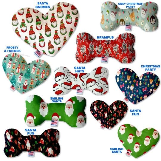 Pet and Dog Plush Heart or Bone Toy, &quot;Santa Group&quot; (Available in different sizes, and 8 different pattern options!) Grey Christmas Party 8&quot; Plush Bone