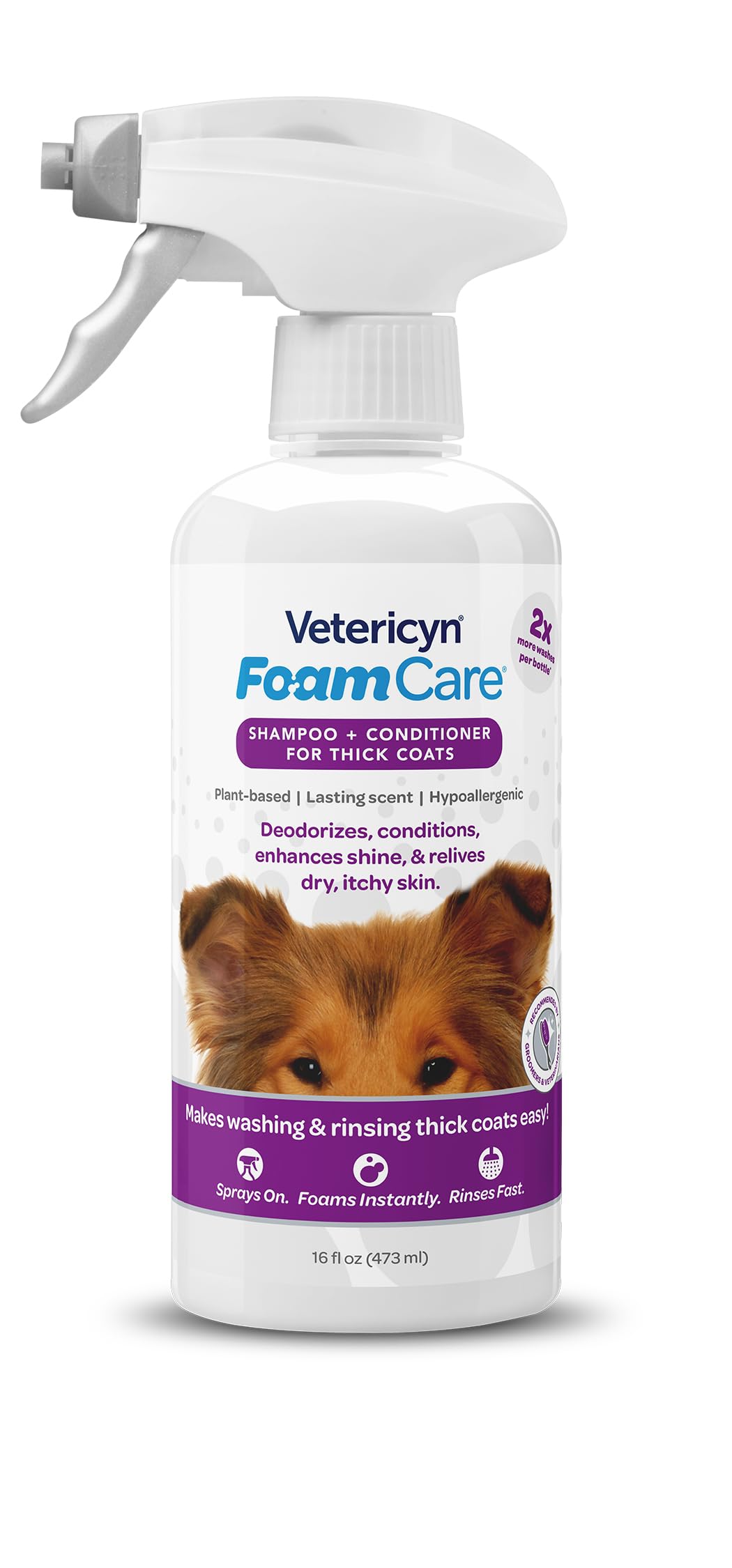 Foamcare Pet Shampoo For Thick Coats By Vetericyn | Promotes Healthy Skin And Coat - Hypoallergenic With Aloe - Cleans, Moisturizes, And Conditions – Instant Foam Shampoo – 16-Ounce