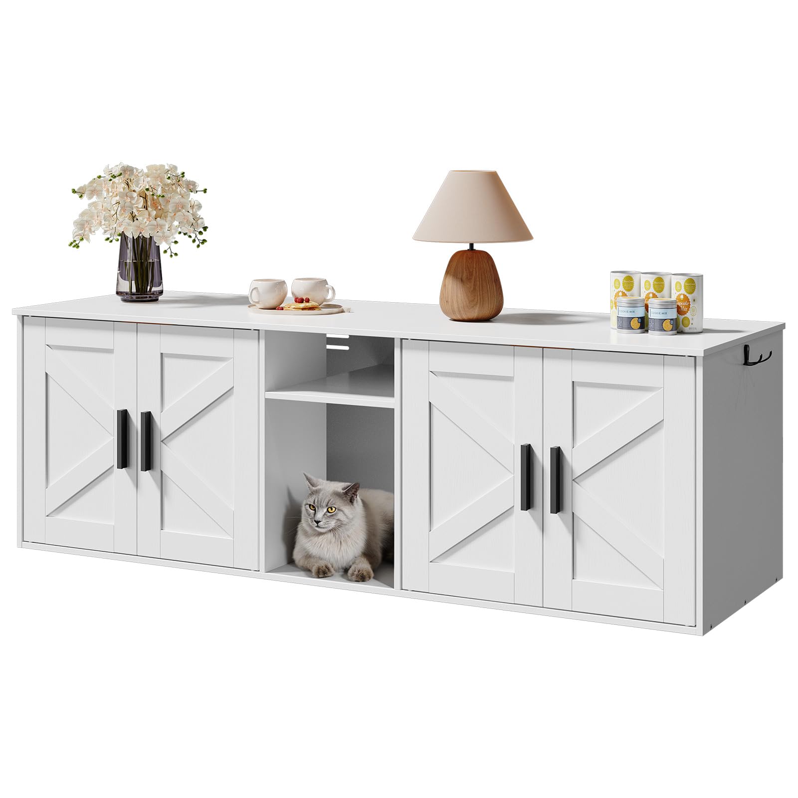 Hoobro 58.3'' Cat Litter Box Enclosure, Litter Box Furniture For 2 Cats, Cat House With Corridor, Tv Stand With Storage, Double 