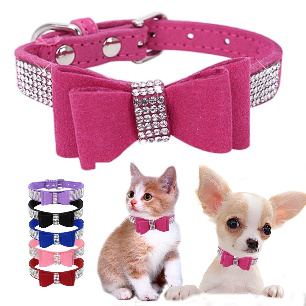 Hot Pink Diamond Cat Collar With Bow, Girl Rhinestone Dog Collars Diamond Puppy Collar Sparkly Crystal Jewelry Cute Adjustable F