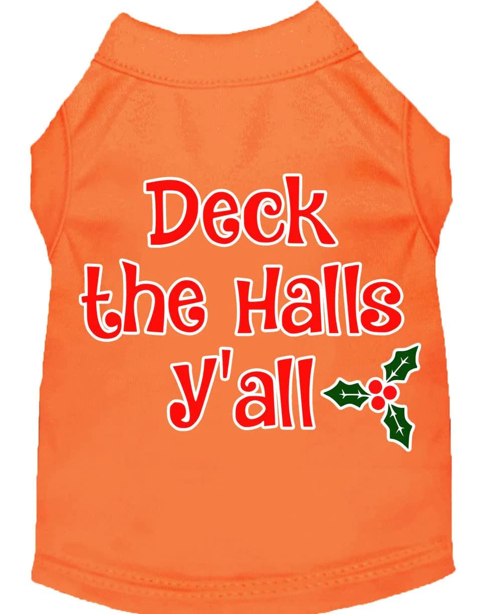 Christmas Pet Dog & Cat Shirt Screen Printed, &quot;Deck The Halls, Y'all&quot; Orange XS (0-3 lbs.)