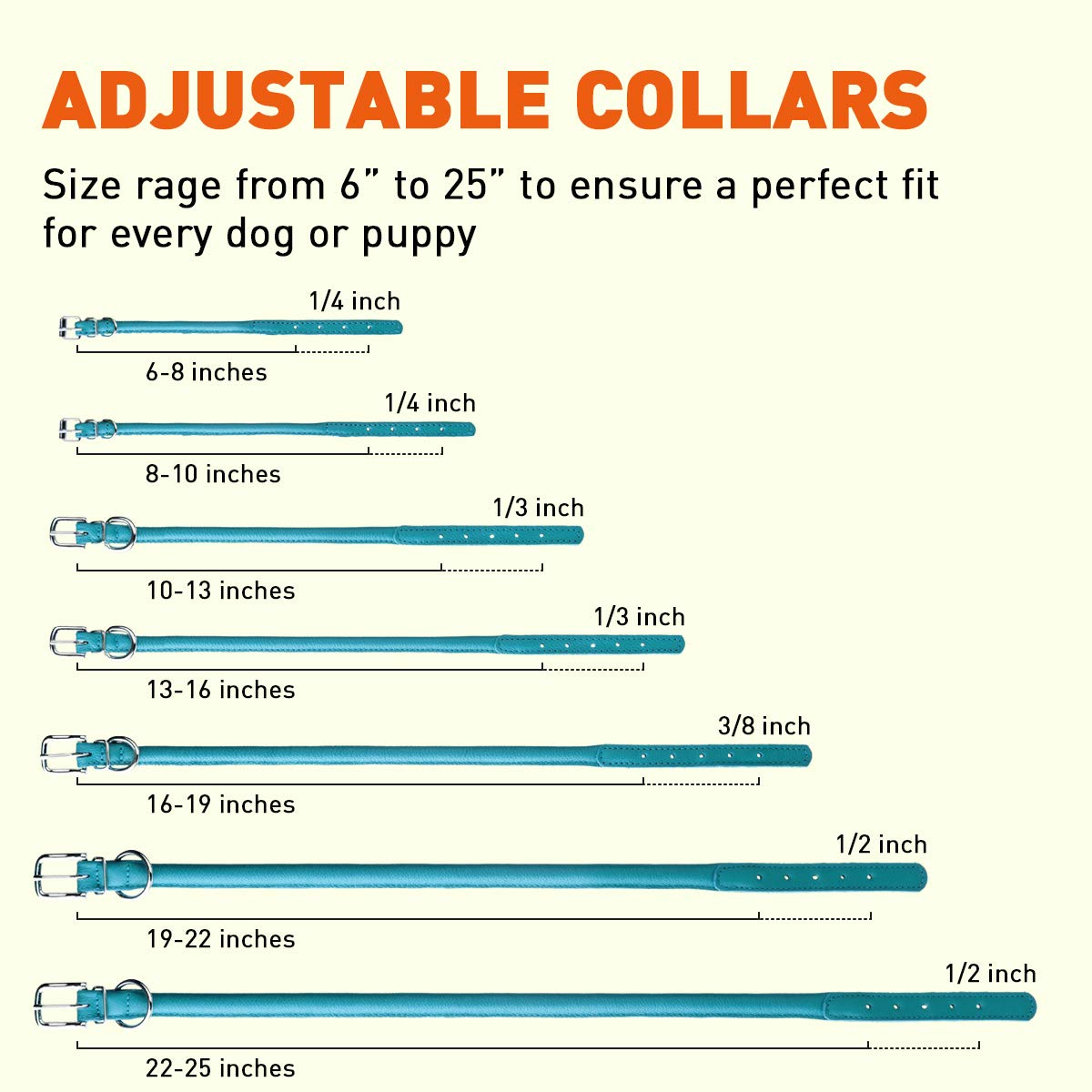 Dogline Rolled Leather Dog Collar - For Small, Medium And Large Breeds - Soft And Padded Round Luxury Design 1/4 By 6-8'' Round