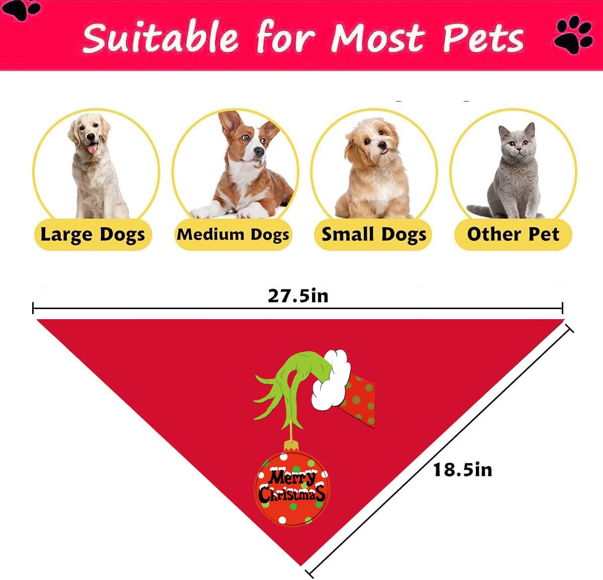 Christmas Dog Bandanas, 2 Pack Merry Christmas Bandanas For Dog Costume, Reversible Christmas Dog Bandana Holiday Dog Scarf Pet