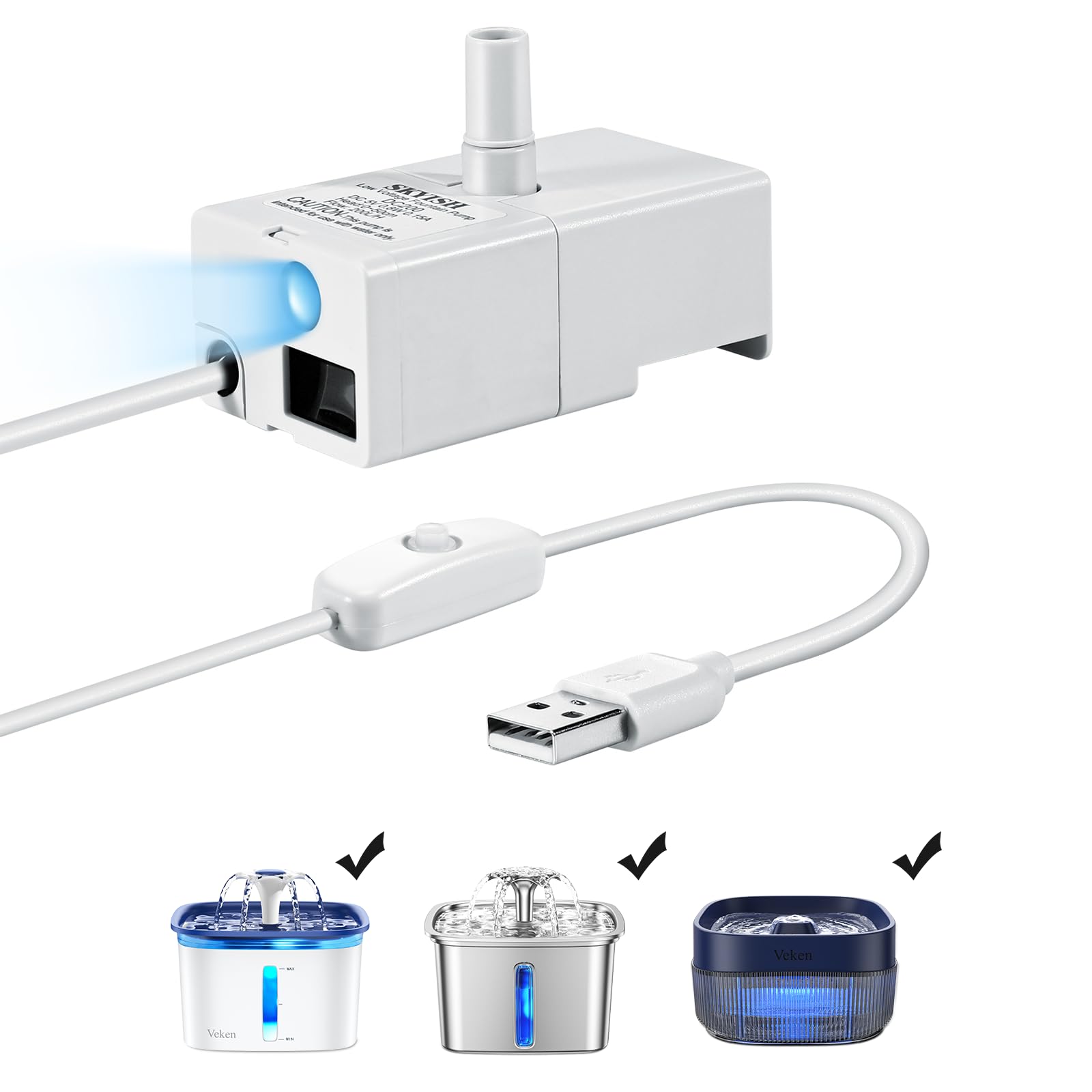 Veken Replacement Pump For 67Oz, 95Oz And 135Oz Pet Fountain Cat Water Fountain Dog Water Fountain Ultra Quiet Long Lifespan Water Pump, Usb Cable, Led Lights