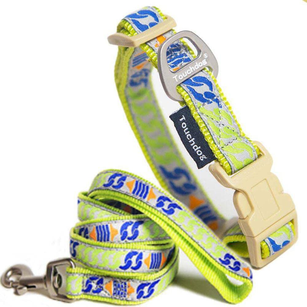 Touchdog 'Chain Printed' Tough Stitched Embroidered Collar and Leash, Small, Yellow