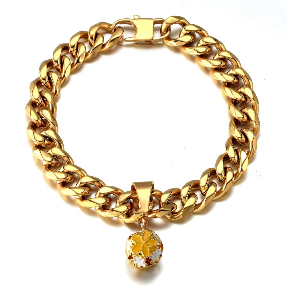 18K Gold Cat Dog Collar Kitten Puppy Wide Stainless Steel Kitten Choker Curb Chew Proof Cuban Link 1/2Inch Chain With Clover Bel