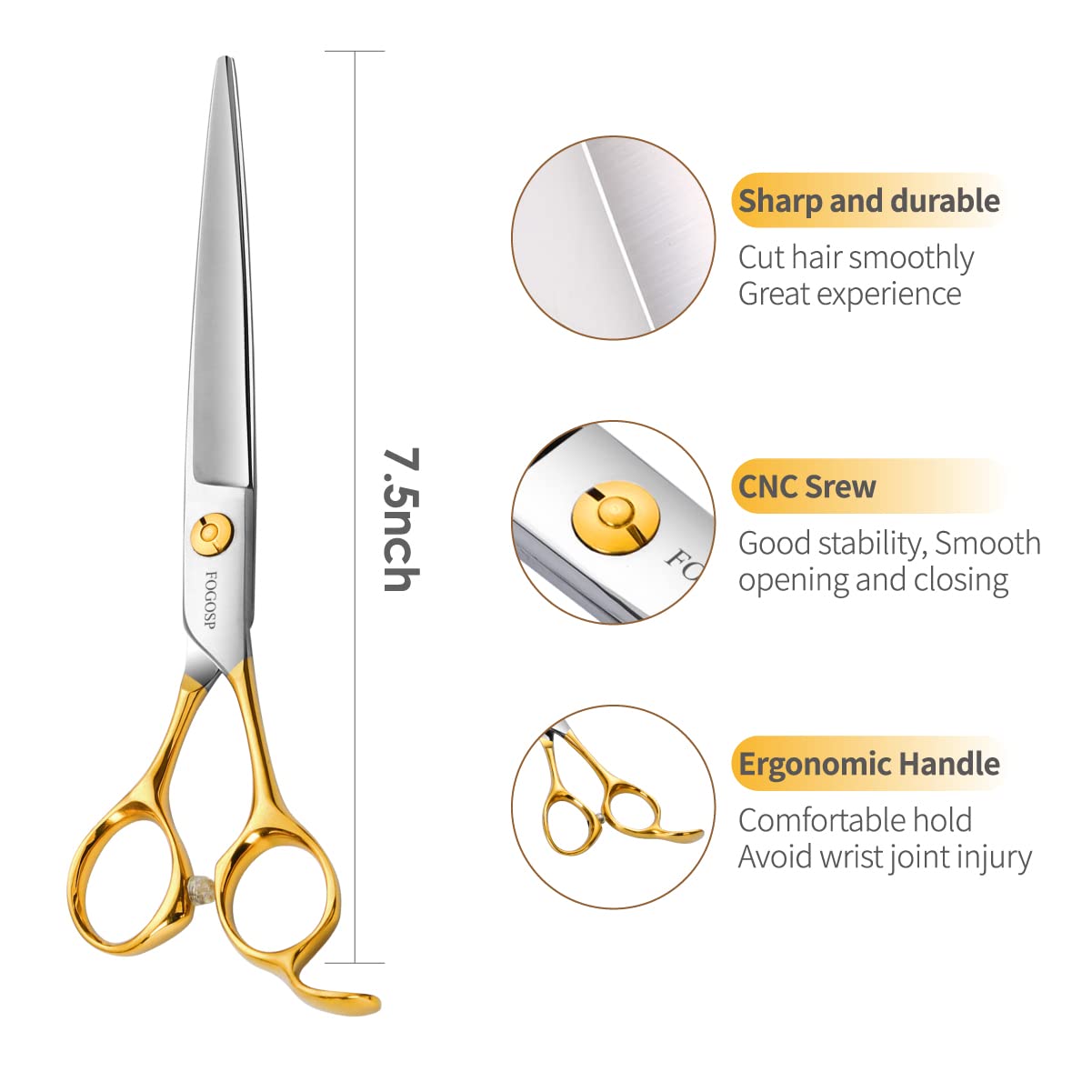 Fogosp Professional Dog Grooming Scissors Straight 7.5'' Pet Grooming Shears For Cutting Small Dogs Cat Thick Hair Japan 440C St