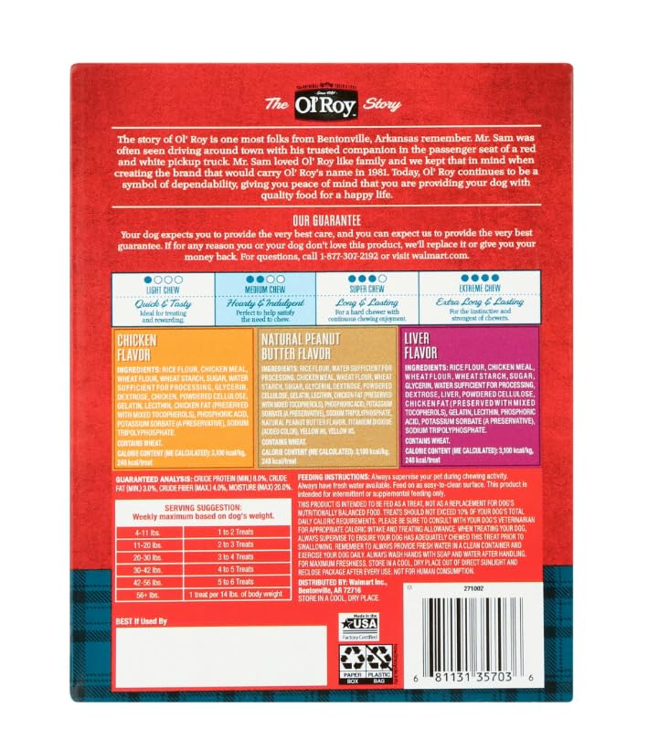 Ols~Roy Munchy Bones Dog Treats Value Pack, Original Chicken, Liver & Peanut Butter, Long lastin, Tail Waggin Bone Chews ~ (21 C