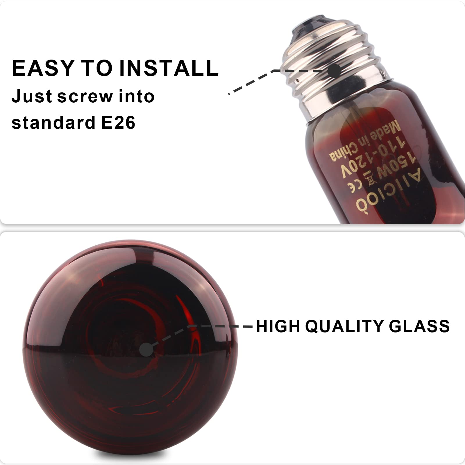 Aiicioo Reptile Red Night Light Bulb - 150W Reptile Heat Lamp Bulb Infrared Basking Spot Lamp For Bearded Dragon Lizard Turtle H