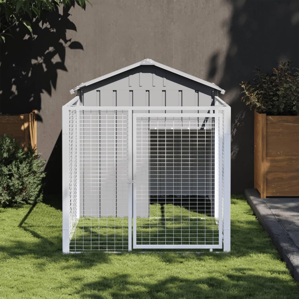vidaXL Dog House with Extended Run, Versatile and Durable Galvanized Steel Pet Kennel with Protective Roof and Easy Access, Light Gray