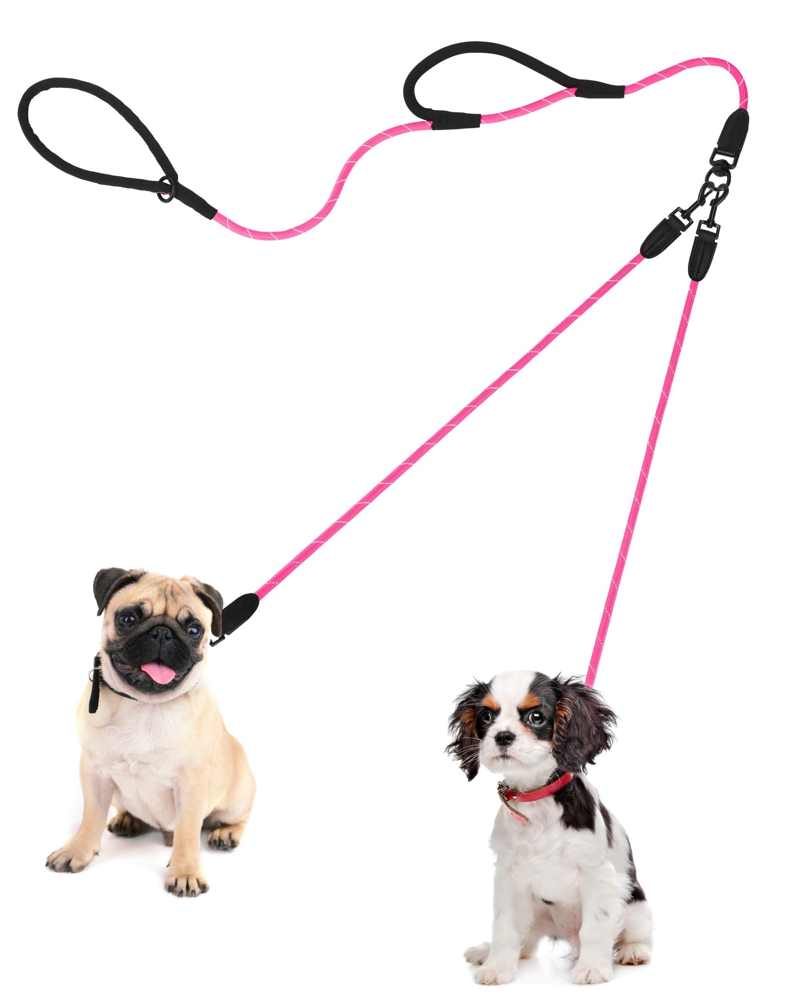 Petbonus Rope Double Dog Leash, No Tangle Dual Dog Leash, Reflective Walking Training Lead With Two Comfortable Padded Handles, 