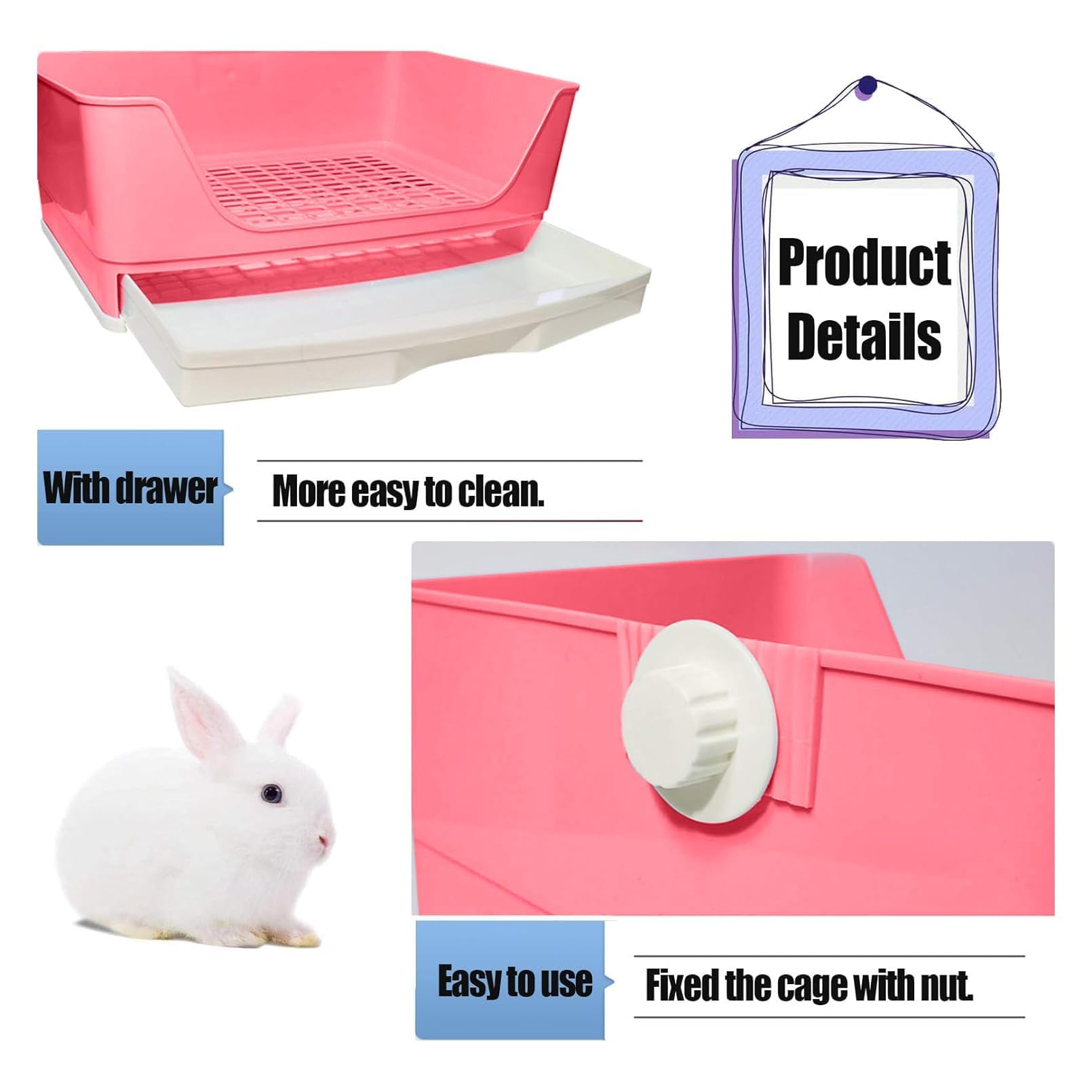 Kathson Large Rabbit Litter Box Trainer, Potty Corner Toilet With Drawer Bigger Pet Pan For Adult Hamster, Guinea Pig, Ferret, Galesaur, Bunny And Other Animals (Pink)