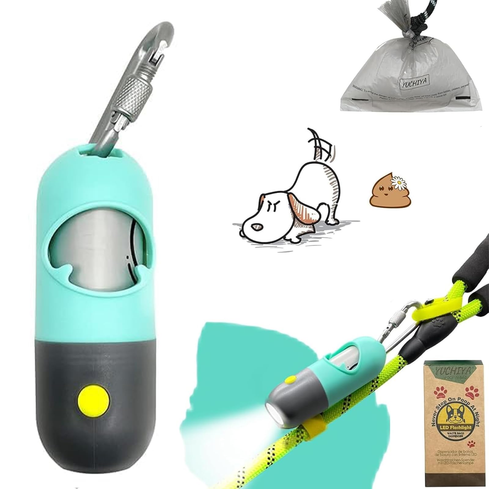 Dog Poop Bag Dispenser With Flashlight|Dog Poop Bag Holder With Leash Clip|Hands-Free Leash Poop Bag Holder With Straps And 1 Ro
