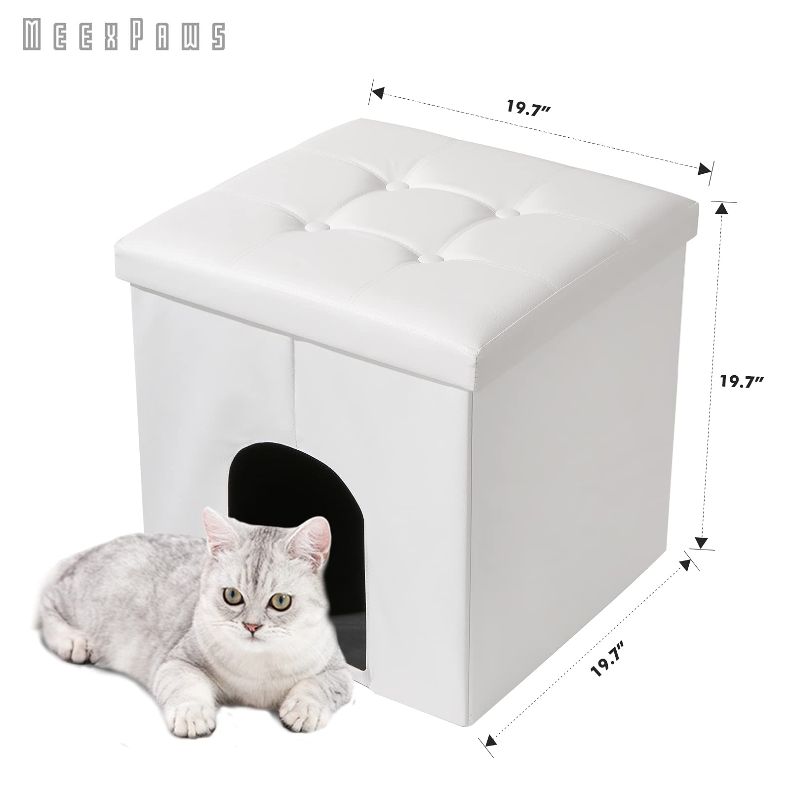 Meexpaws Cat Litter Box Enclosure Furniture Hidden, Small Cat Washroom Bench Storage Cabinet 20'' X 20'' X 20''| Dog Proof | Waterproof Inside | Easy Clean | Easy Assembly | Odor Control(White)