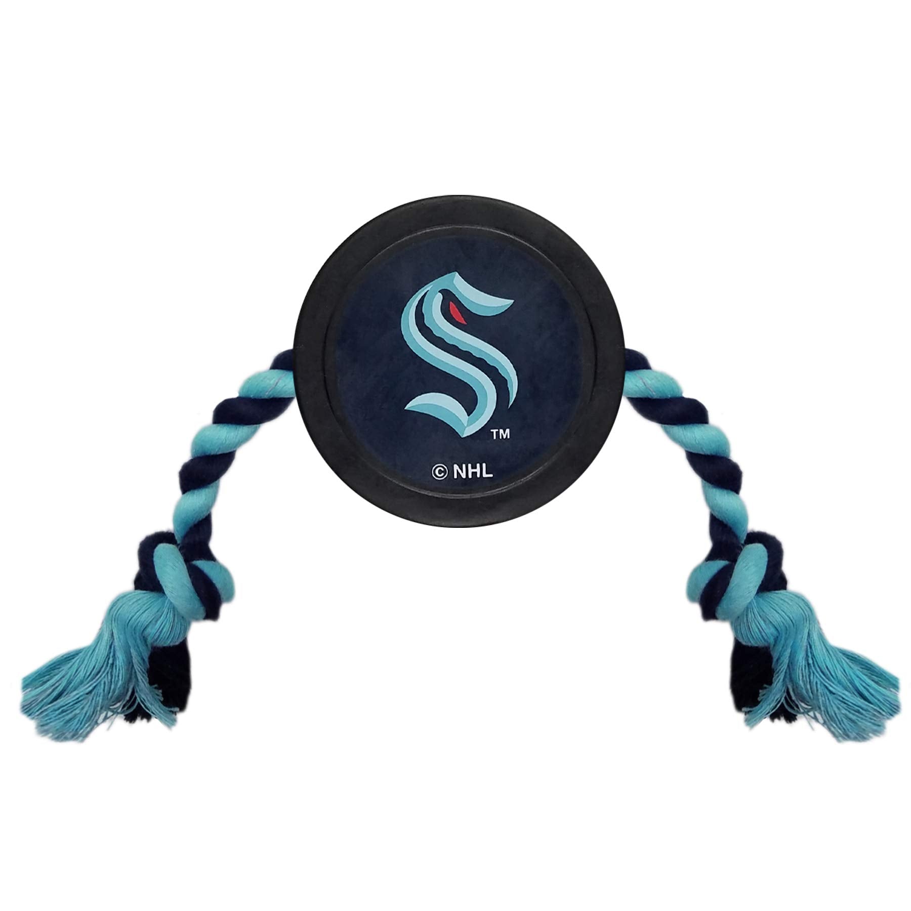 Pets First Rubber Dog Toy - Nhl Seattle Kraken Ice Hockey Puck Pet Toy With Heavy-Duty Tug Ropes. A Tough Toy For Dogs & Cats In A Hockey Puck Shape With Vibrant Team Logo. Great Dental Pet Rope Toy