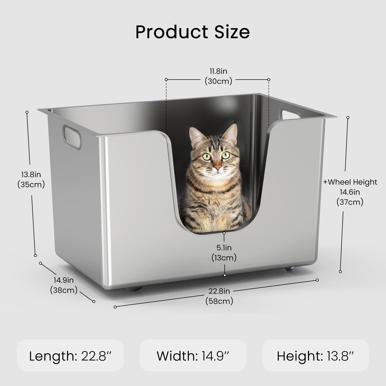 Ptlom Stainless Steel Extra Large Cat Litter Box 22.8"x14.9"x13.8", Silver, Anti-Leakage, Easy Clean, with Wheels for Mobility