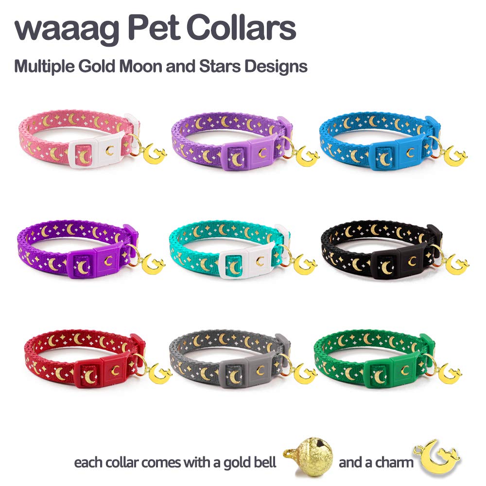 Waaag Cat Collars, Gold Moons And Stars Cat Collar, Safety Breakaway Cat Collar, Glow In The Dark (Standard 9'-15' Neck, Scarlet)