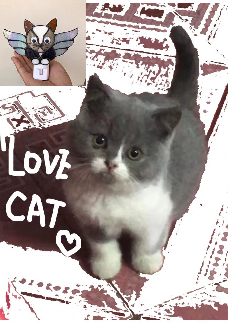 Duonayu Stained Glass Cat Night Light, Cats Decorative Night Light, Pet Commemorative Gift, Love Cats (Dym9005) (Grey)