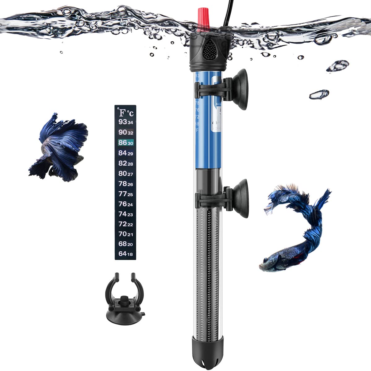Hitop 50W/100W/300W Adjustable Aquarium Heater, Submersible Glass Water Heater For 5 - 70 Gallon Fish Tank (300W)