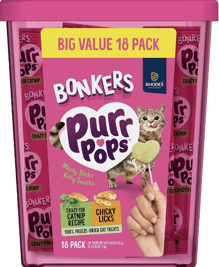 Bonkers Purrpops Freeze-Dried Cat Treats, 2-18 Pack Variety Bundle with Salmon & Tuna, Catnip & Chicken Flavors, Plus 4 Cat Spri