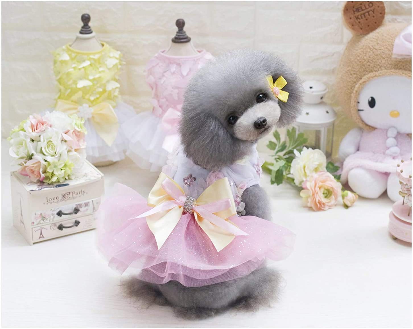 Izefia Dog Dress Puppy Skirt Dog Princess Dresses Tutu Flower and Sequin Dot Wedding Lace Dress Luxury Bow Dog Dresses for Small
