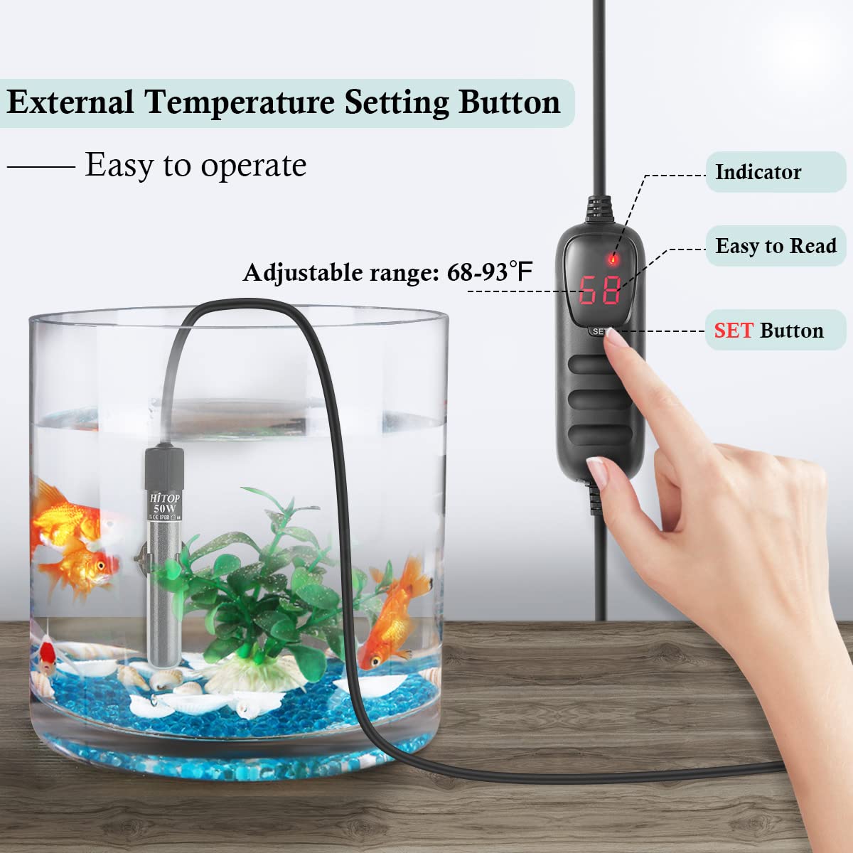HITOP Mini Submersible Aquarium Heater 50W for 5-15 Gallon Tanks with Temperature Controller, Ideal for Freshwater & Saltwater Use